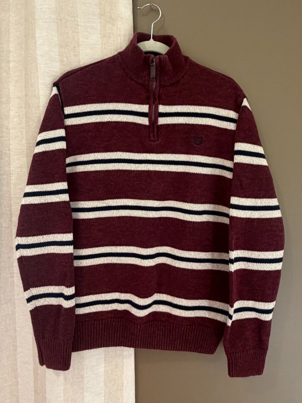Chaps Men's Tight Knit Sweater Wine Cream Navy Stripe 1/4 Zip, Size Large